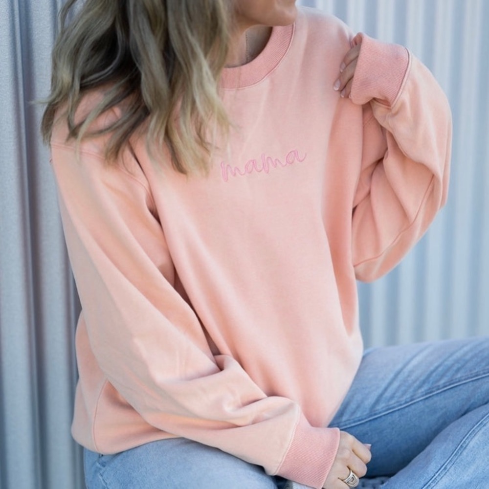 Brooklyn Grace Drop Shoulder "mama" Crewneck Peach Sweater Size Large - Picture 2 of 9